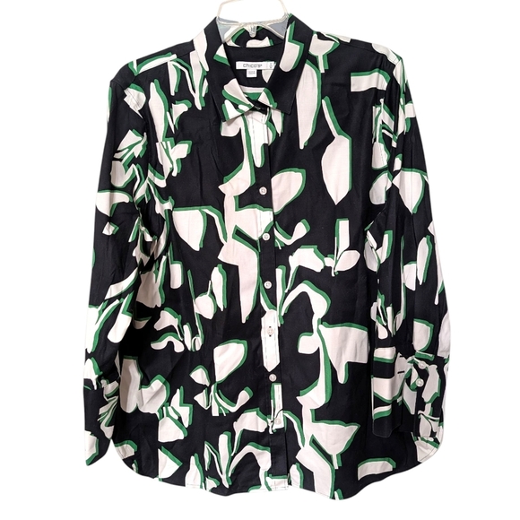 Chico's Non Iron Black and Green Floral Abstract Button Down 3/4 Sleeve Top 16 - Picture 1 of 11